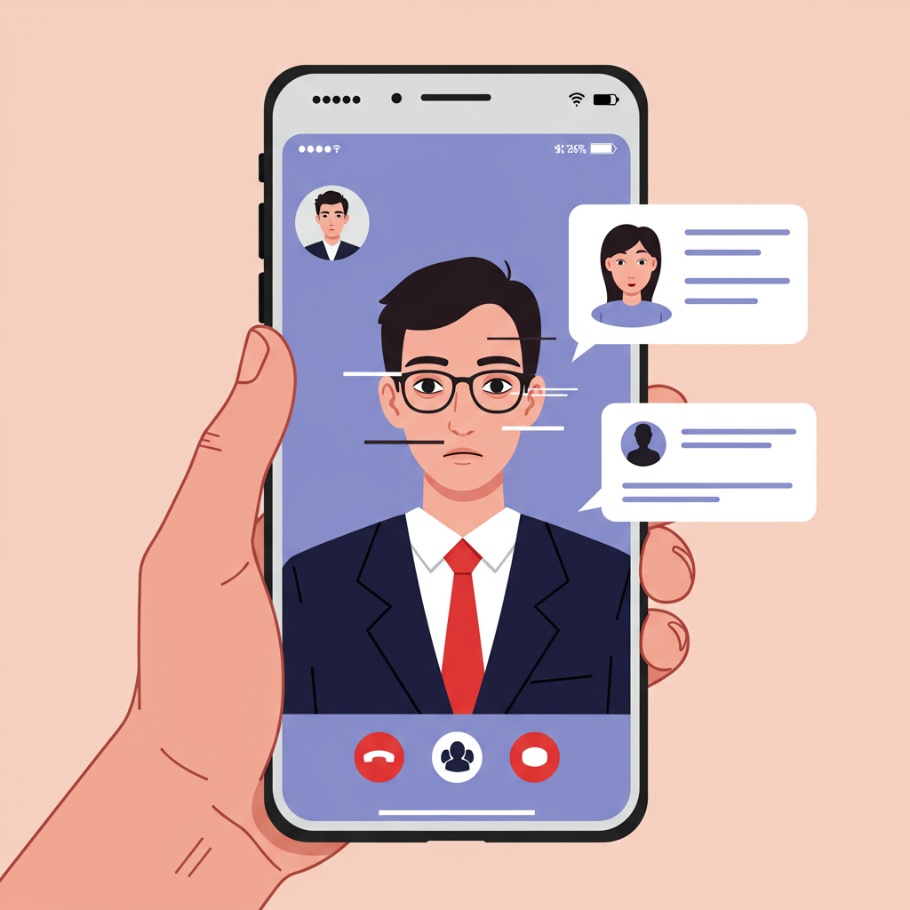 Illustration of a deepfake video call on a phone