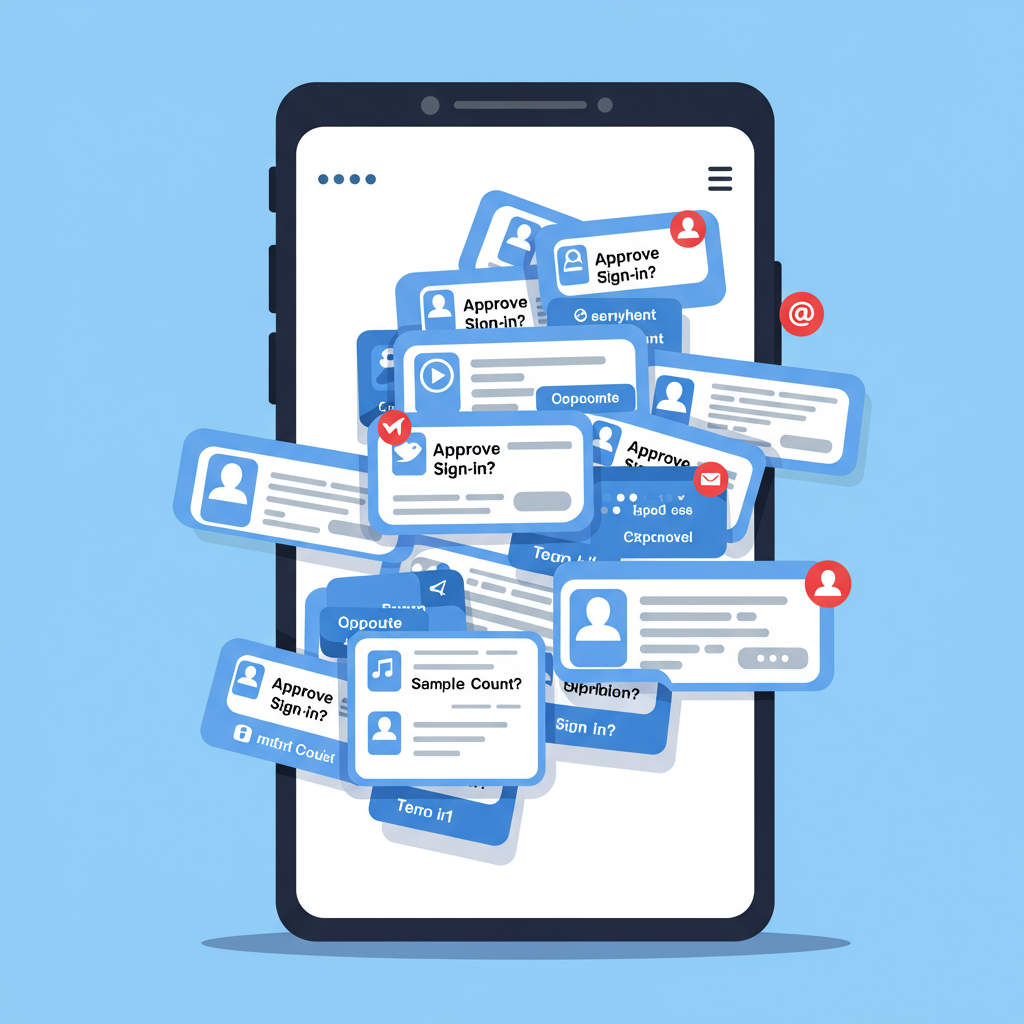 Illustration of a phone with many MFA push notifications